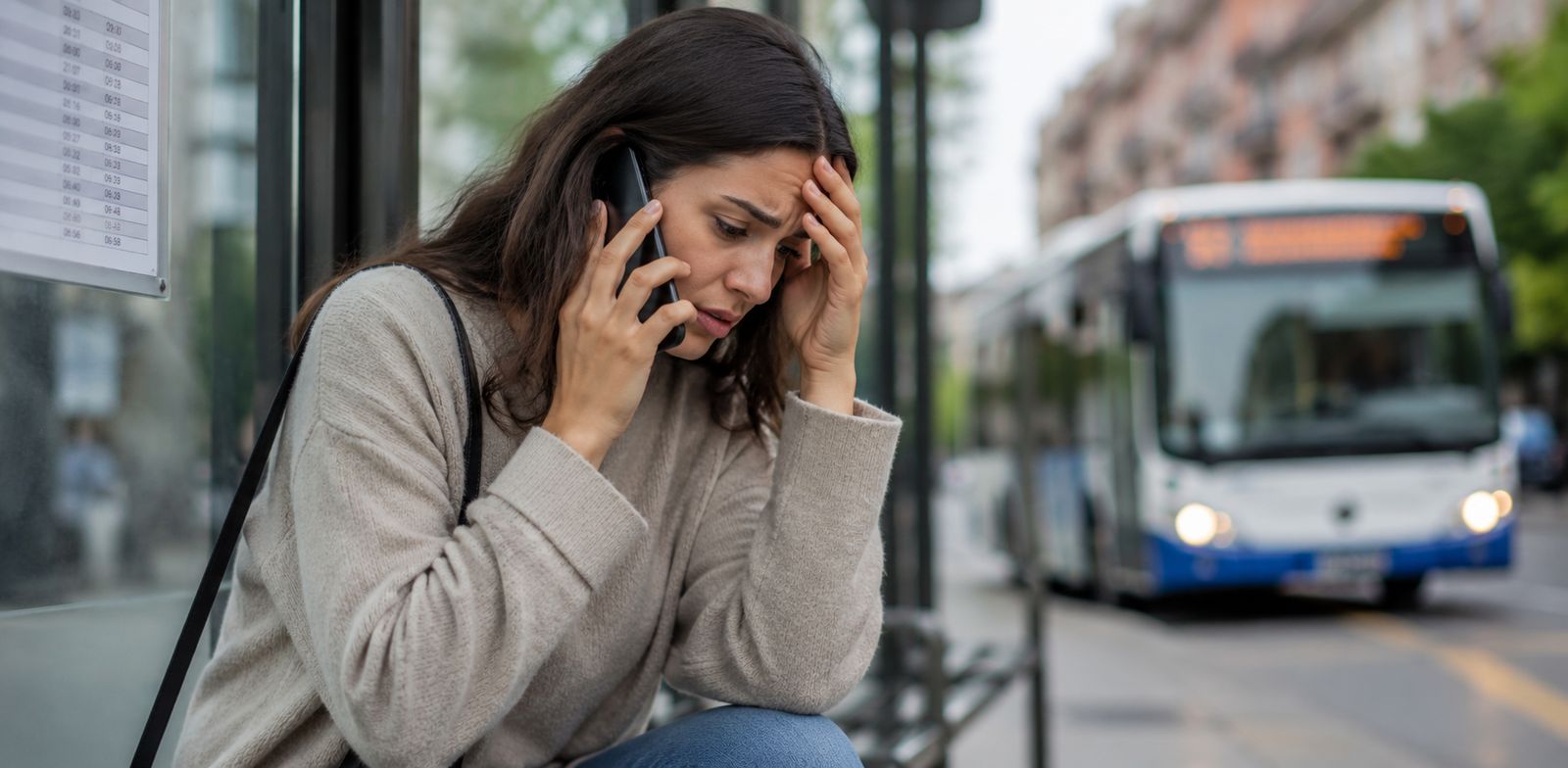 Una viajera llama por teléfono en la parada mientras se aleja el autobús.